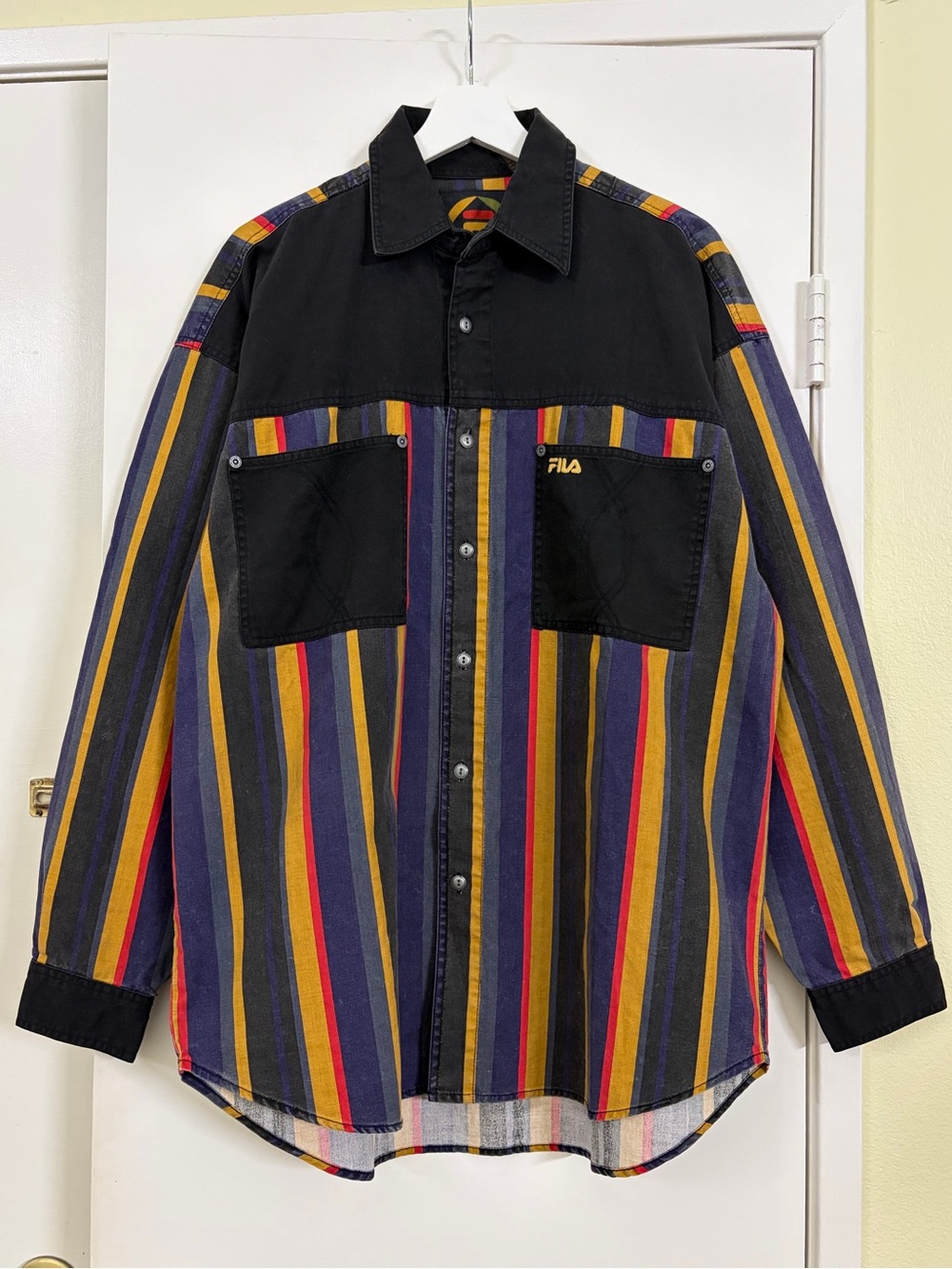 Vintage FILA Striped Colorblock Button Up Shirt M 90s Retro Oversized Statement